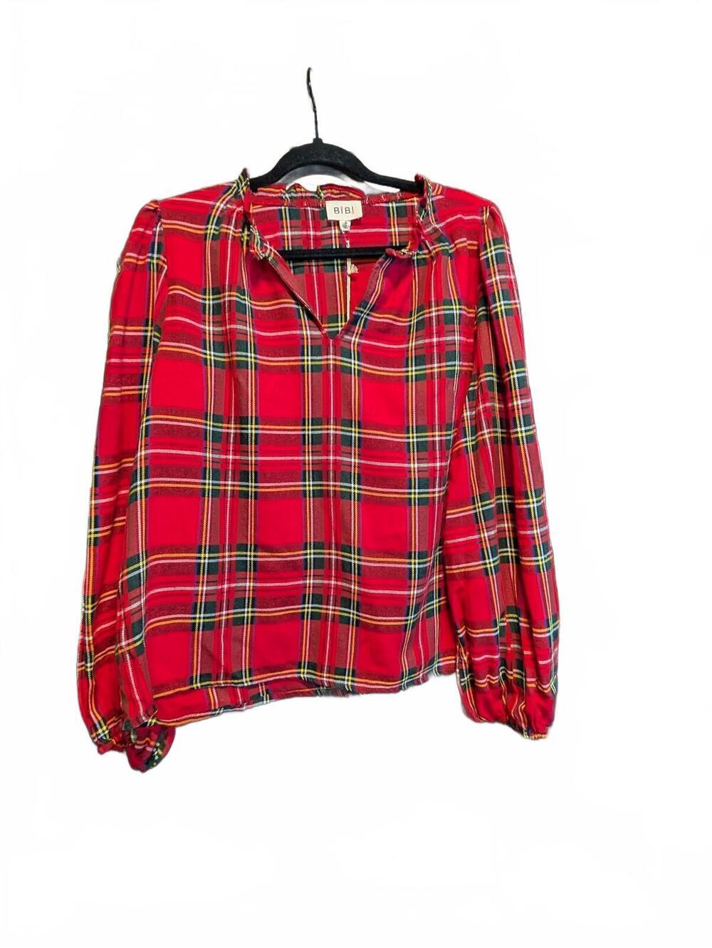 BIBI Red Plaid Long Sleeve Blouse Size Small - NWOT